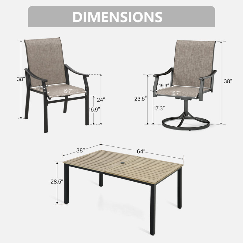 6-Seat Rectangle Outdoor Patio Dining Set Wood-Like Metal Table With Swivel Chairs