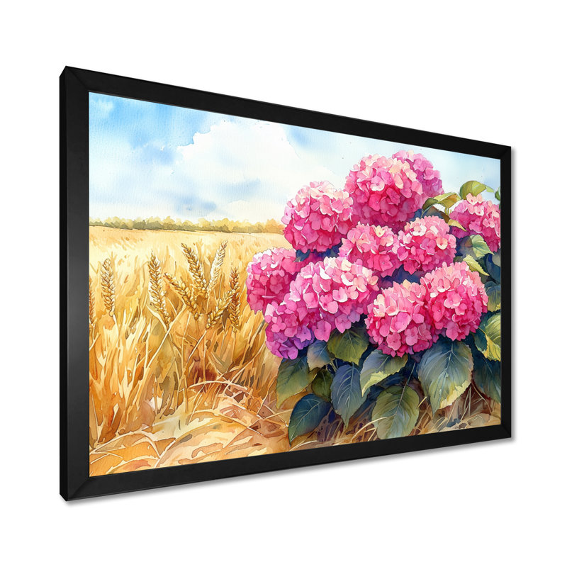 Hortensias dans le champ de céréales I - hydrangées, art mural, Reproduction encadrée d'une seule photo, Noir