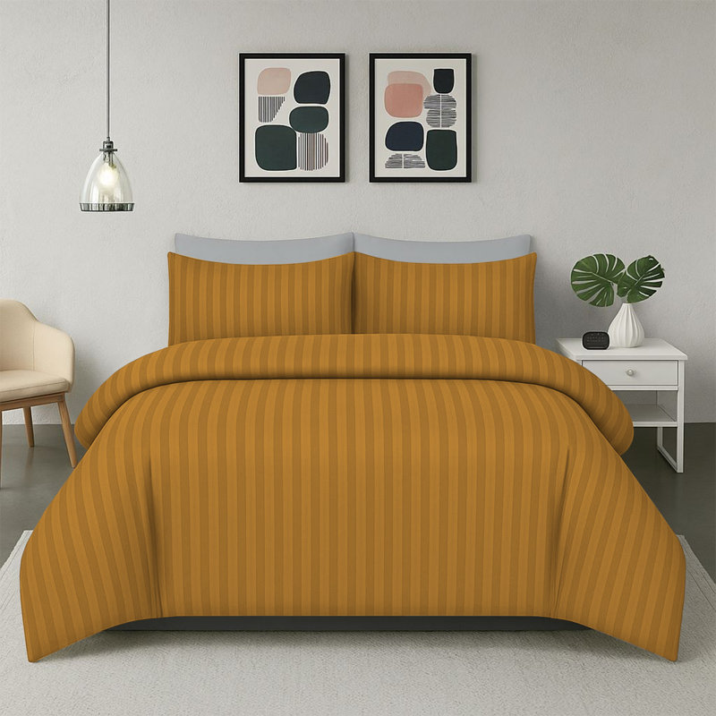 Haffa Microfiber Striped Duvet Cover Set with Pillowcases Included, Ochre, Single Duvet Cover + 1 Standard Pillowcase