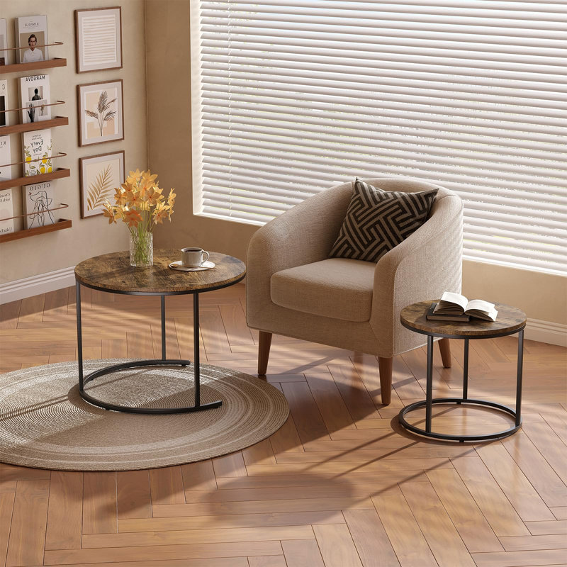 Nesting Coffee Table Set of 2 – 23.6 & 15.7 Inch Round Tables, Faux Marble Top, Metal Frame, Space Saving with Adjustable Feet for Living Room & Bedroom-Tiger Pattern