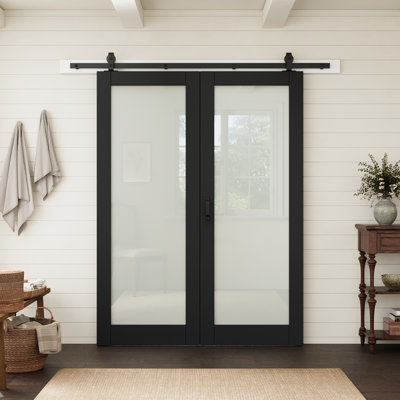 Porte intérieure standard 56 po x 80 po, 1 vantail, en verre trempé dépoli noir, avec quincaillerie pour portes pliantes de style grange, idéale pour le garde-manger et la cuisine.