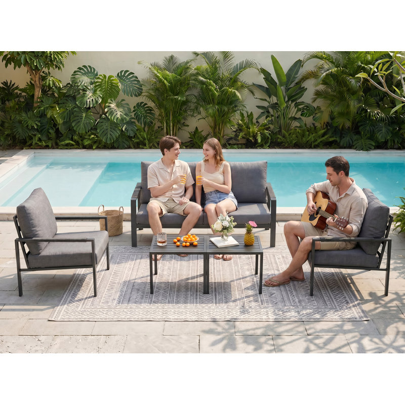 5 Pieces Outdoor Patio Furniture Set With Olefin Cushions, 2 Coffee Tables, Metal Sofa Set, Loveseat, Gray