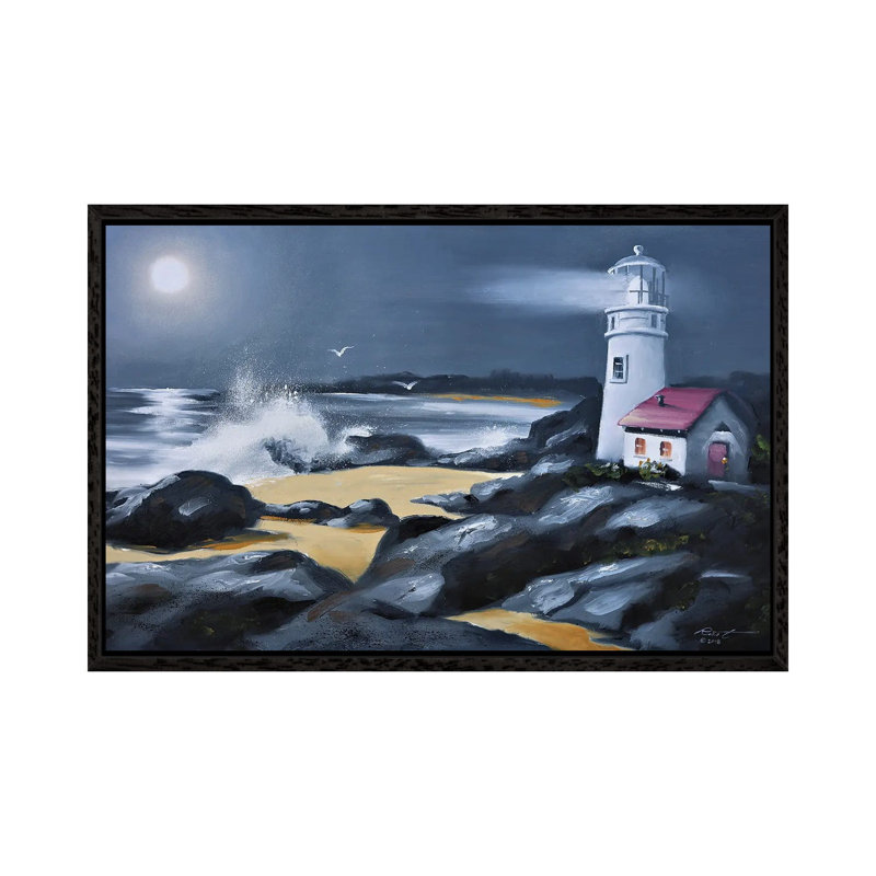 Lighthouse With Moonlight by D. "Rusty" Rust - Floater Frame Gallery-Wrapped Canvas Giclée on Canvas, Black