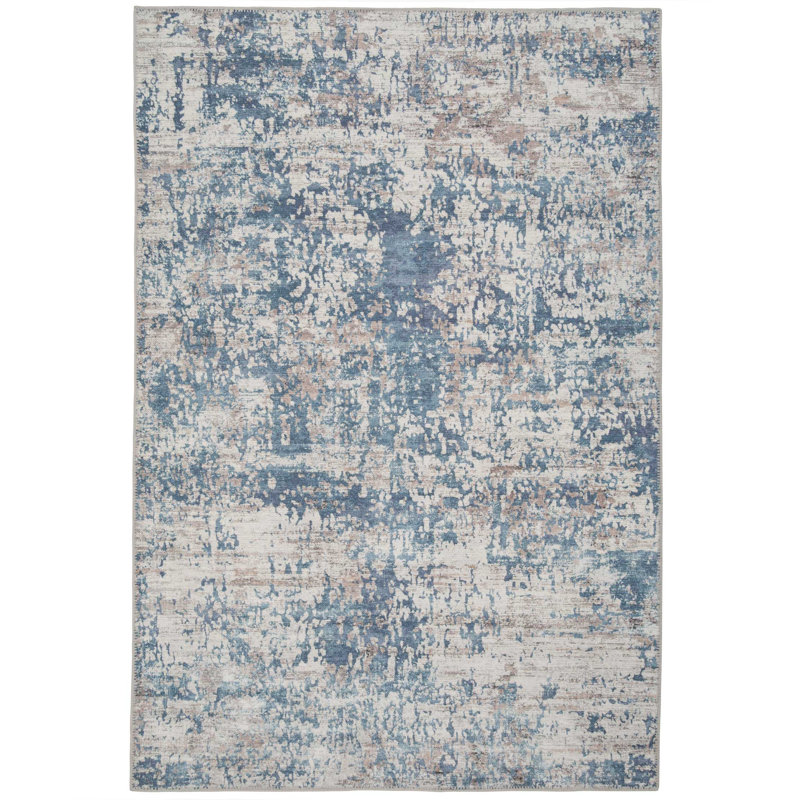Machine Washable Blue Beige Modern Abstract Distressed Living Room Area Rug, Rectangle 80 x 150cm