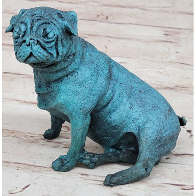 Katty Pug Dog Puppy Bronze Metal Figurine Sculpture Decor Collectible Blue Patina Original Art