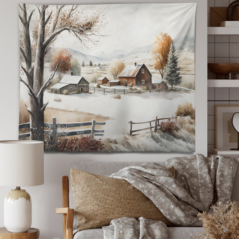 Kansas Farm In Winter Machine Tapestry, 32" H x 39" W