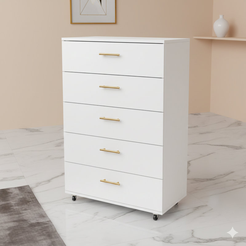 Commode blanche à cinq tiroirs avec poignées - armoire de rangement moderne.