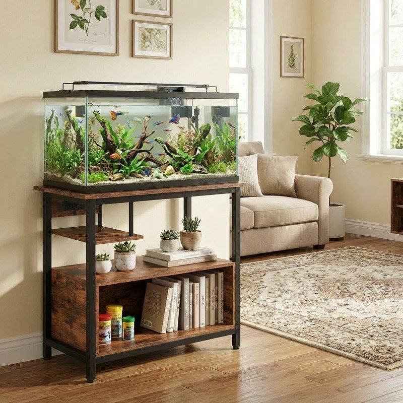 Support pour aquarium 40 à 50 gallons avec prises de courant et 4 tablettes, armoire en métal / bois robuste pour aquarium