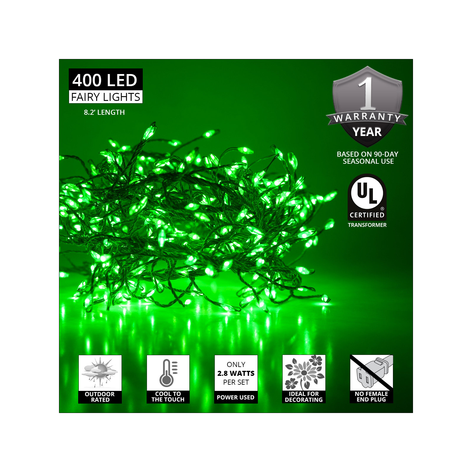 96'' LED String Lights, Green