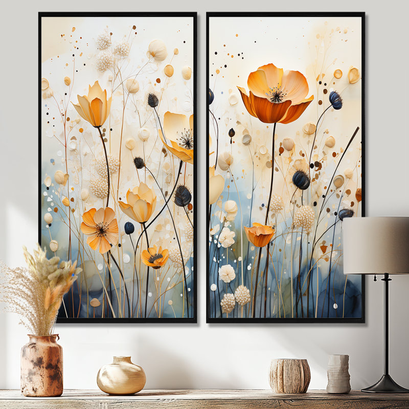 Art mural moderne orange et bleu en sourdine I - bleu, 2 pièces, 32" H x 32" W, Impression encadrée flottante, Black