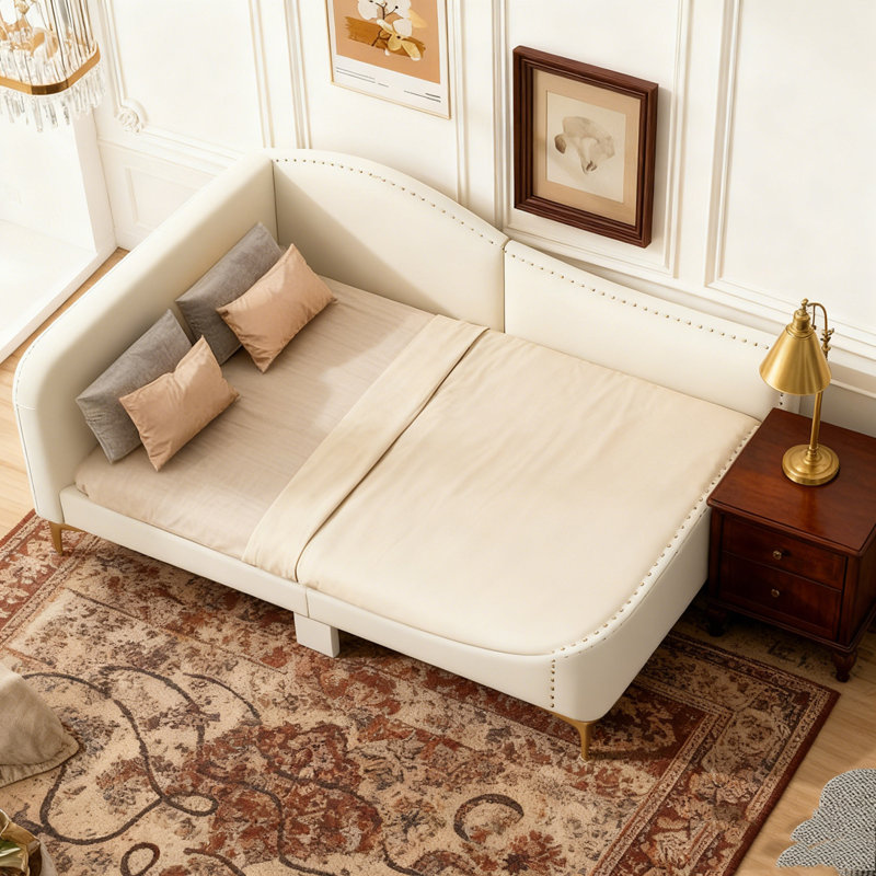 Upholstered Daybed with Headboard and Armrest, Beige, Twin