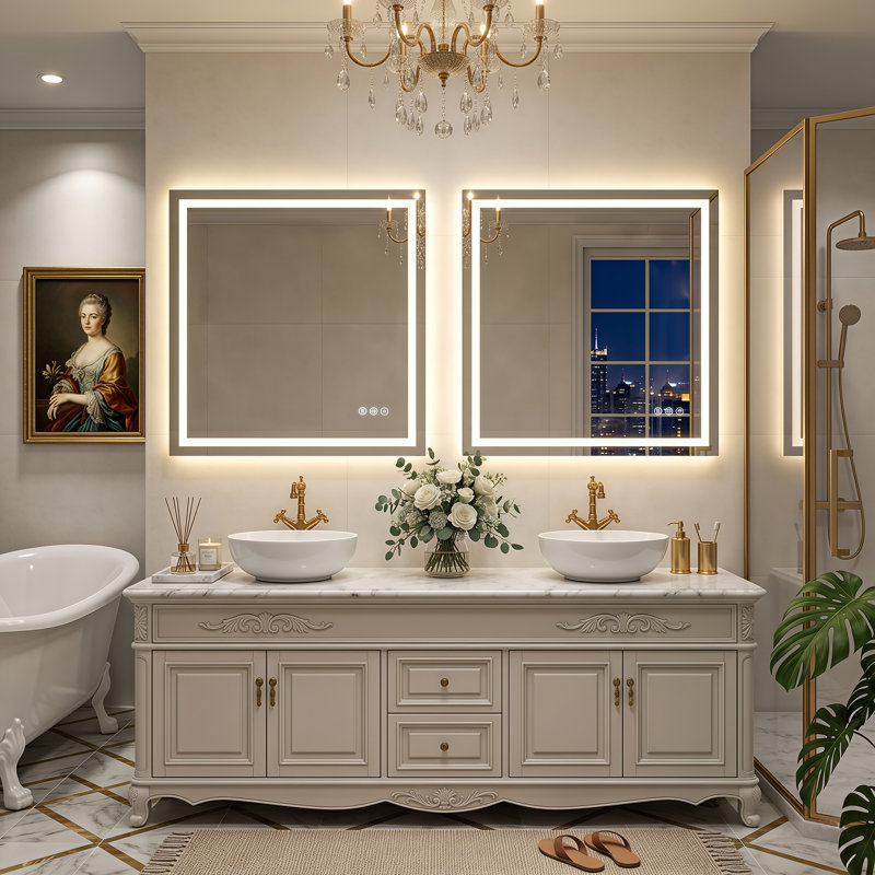 LED Rectangular Bathroom Mirror, Adjustable Light, Anti-fog Glass, 36" x 36"
