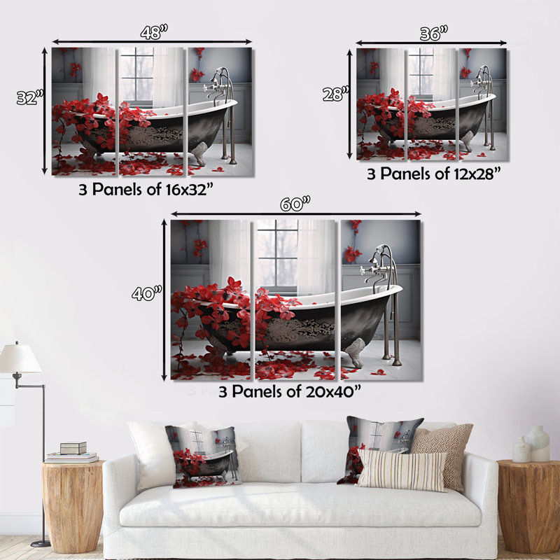 «Red Floral Bath I» sur toile, reproduction de 3 pièces, H 28 po x l 36 po x P 1 po