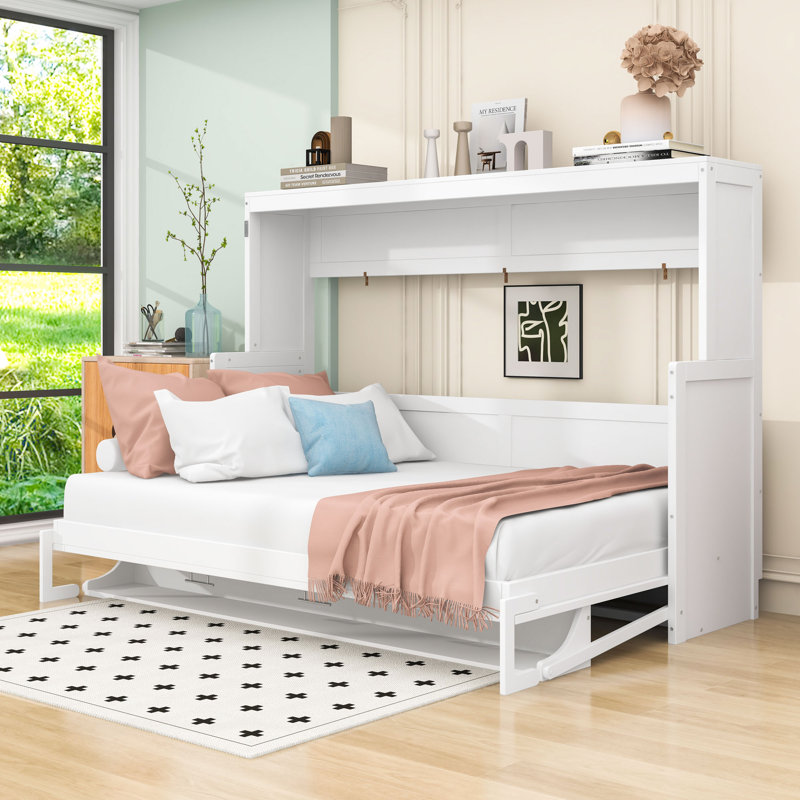 Wood Murphy Bed with Shelves, Full, White