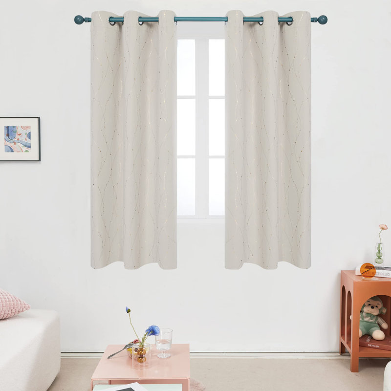 Gold Wave Line and Dots Printed Blackout Grommet Curtains (Set of 2), Purple Grape, 42" W x 45" L