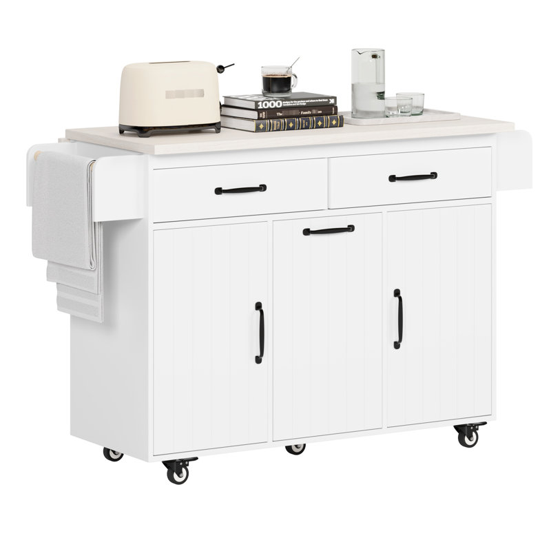 Îlot de cuisine blanc avec poubelle polyvalente, table à abattants, support à épices, barre à serviettes, étagère amovible, poubelle basculante, tiroir, armoire, tablettes, style