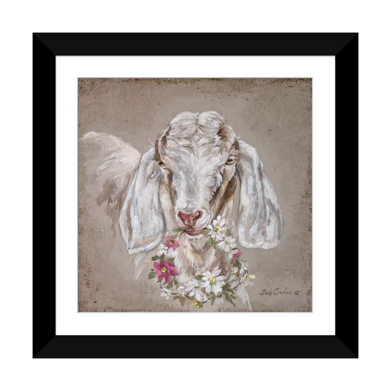 «Goat with Wreath», peinture sur toile, Papier d'art encadré noir, Blanc, H 16 po x l 16 po x P 1 po