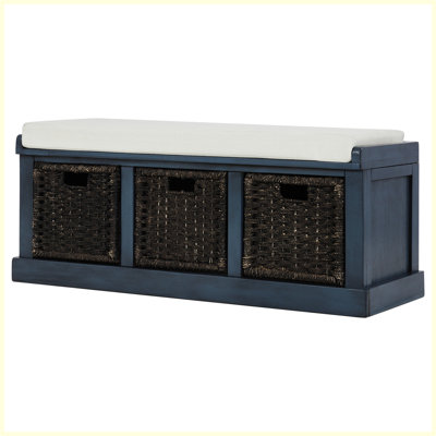 Rustic Storage Bench with 3 Removable Classic Rattan Basket For Entryway