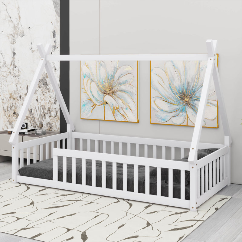 Lit simple en bois en forme de tente avec garde-corps, Blanc