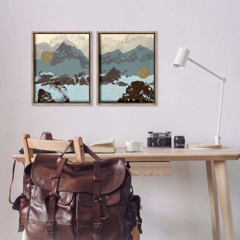 «Mountain Range over Abstract», ensemble de 2 toiles flottantes encadrées par Jacob Green, Cadre flottant orme Montalcino
