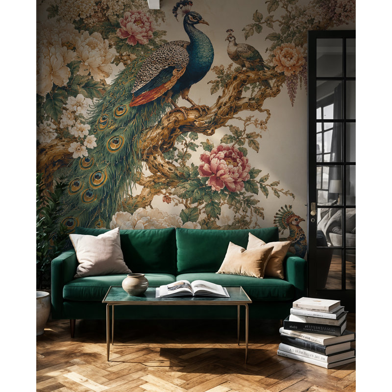 Papier peint floral rétro avec motif de lion et paon, L 1 080 po x l 140 po