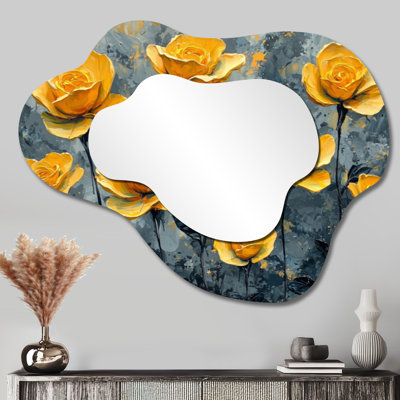 «Yellow Love Blossom Of Roses Field I - Roses», miroir asymétrique irrégulier, miroir mural moderne, imprimé sur métal