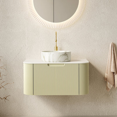 Meuble-lavabo flottant avec lavabo en céramique et plateau en pierre frittée, armoire en contreplaqué à rayures 3D vert clair, tiroir à fermeture en douceur, pré-assemblé pour une installation facile.