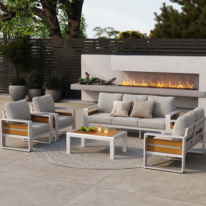 5-Piece Patio Outdoor Aluminum Furniture Set With Coffee Table & Thick Cushions, 5 Pcs: Table, Sofa, Loveseat, 2 Chairs, Gray