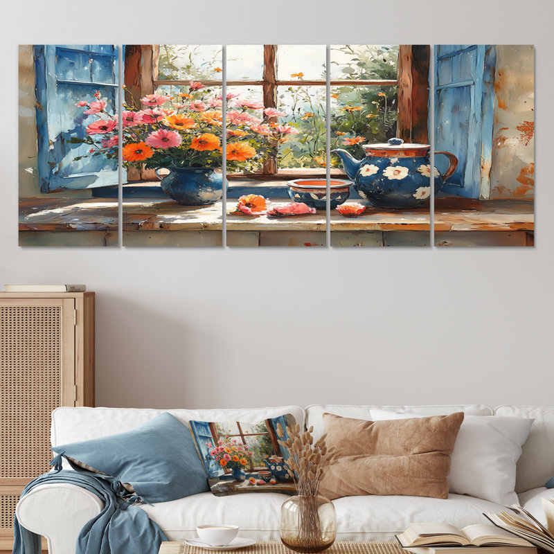 «Blue Fashion And Farmhouse Pottery Table I - Boho Pottery», ensemble de reproduction d'art mural, H 32 po x l 80 po