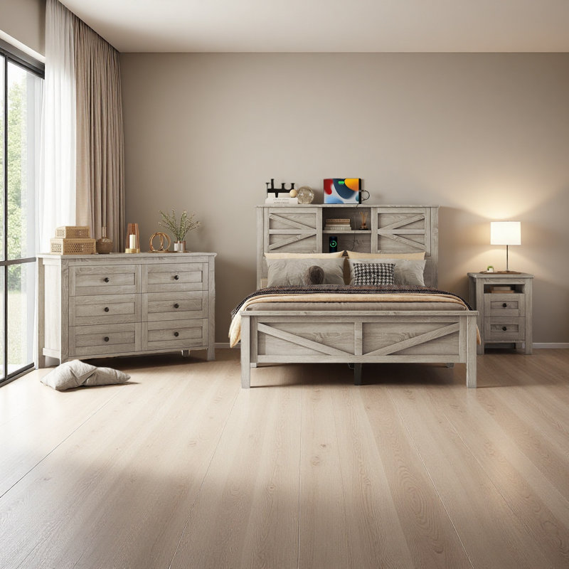Ensemble de chambre à coucher 3 pièces avec lit plateforme Farmhouse, Gris antique