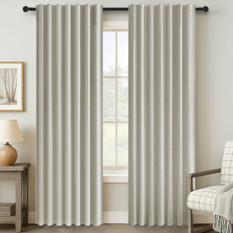 Dennan 100% Blackout Thermal Insulated Linen Drapes with Back Tab & Hooks, 52" W x 108" L, Gray Beige