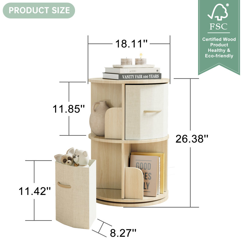 Rotating Bookshelf Tower, Solid Wood Rotating Bookshelf, 2 Tier Spinning Bookshelf With 2 Drawers, 360 Display Revolving Bookcase For Kids&adults, Round Corner Book Shelf For Bedroom, Living Room