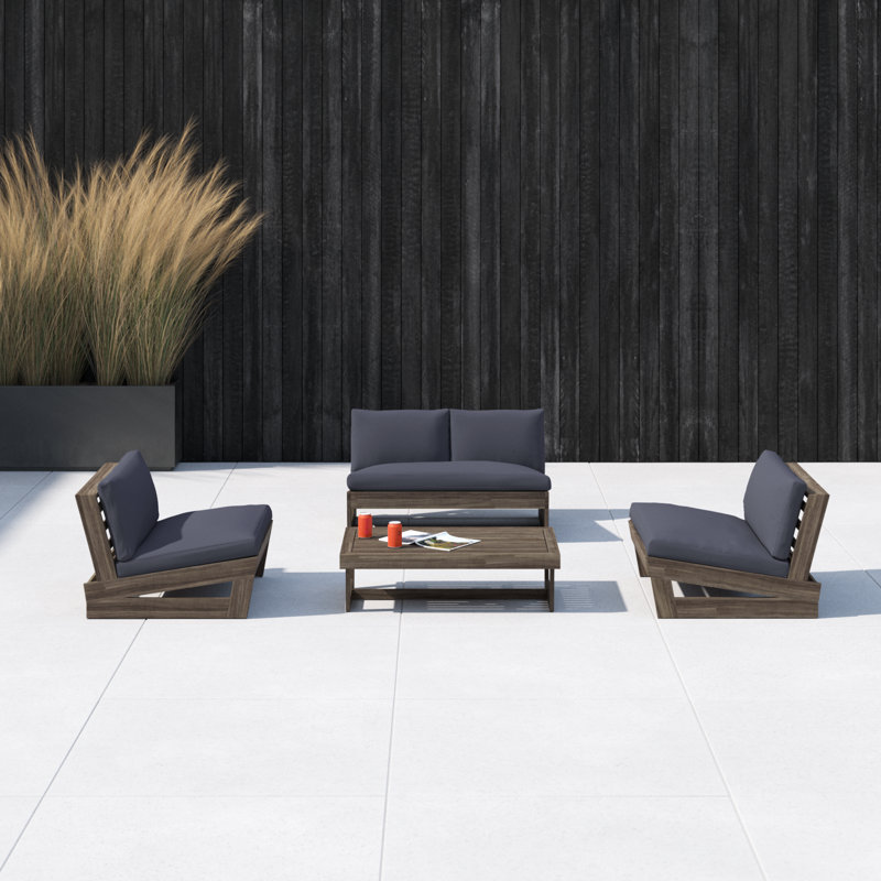 Louise Acacia 4 - Person Patio Conversation Set with Cushions, Gray Frame/Dark Gray Cushion