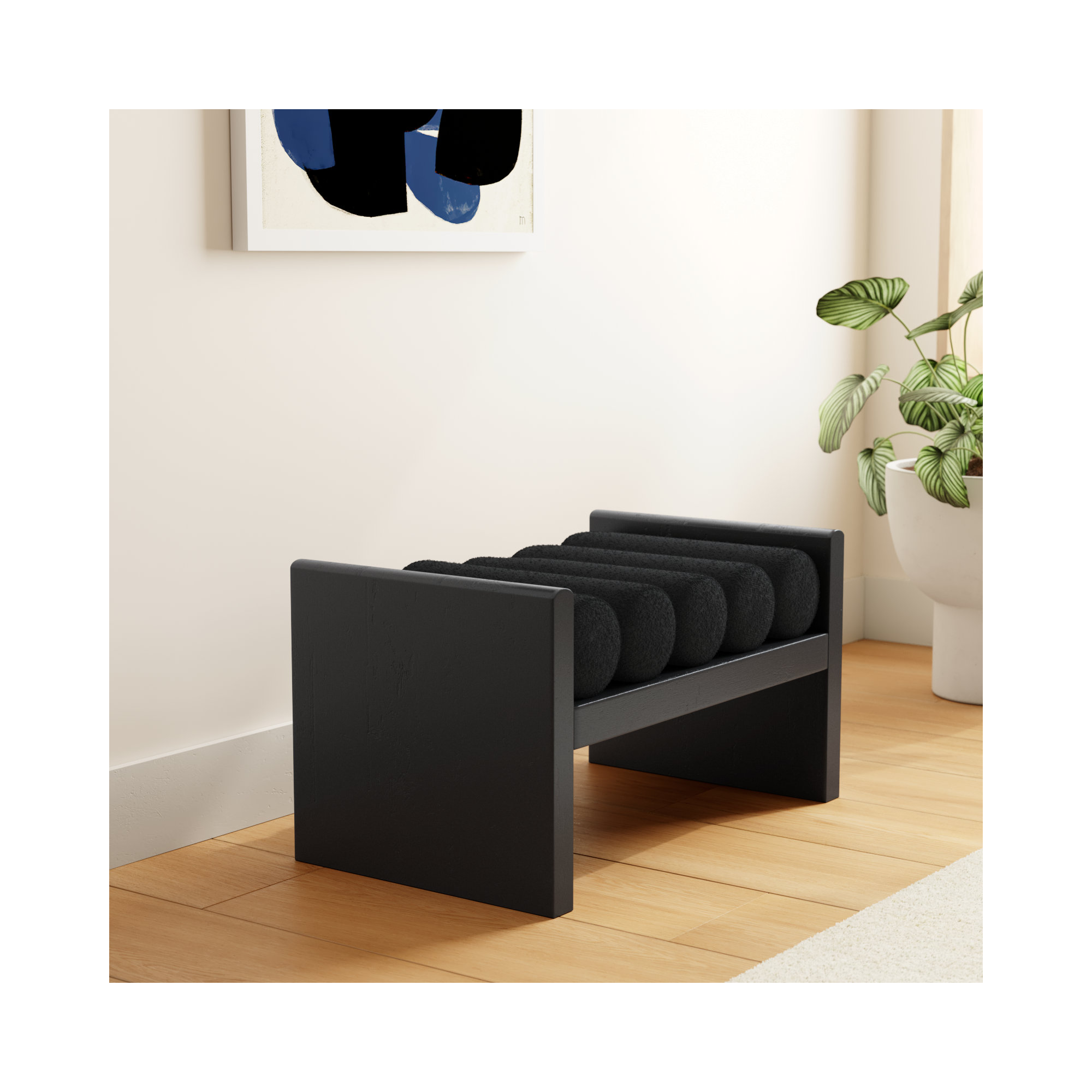 Reeves Boucle Wood Bench, 18" H x 32" W x 19" D, Black Boucle Fabric / Black Finish
