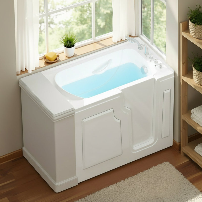 FerdY Floridian, baignoire de plain-pied de 52 po x 30 po avec ouverture de porte à droite et robinet, baignoire rectangulaire blanche