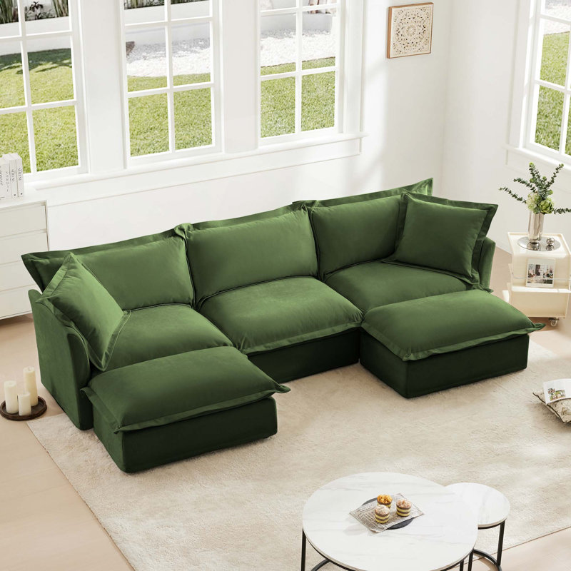 Canapé modulaire en chenille 3 places à assise profonde en U avec bords français, 2 repose-pieds et housse amovible pour des combinaisons flexibles