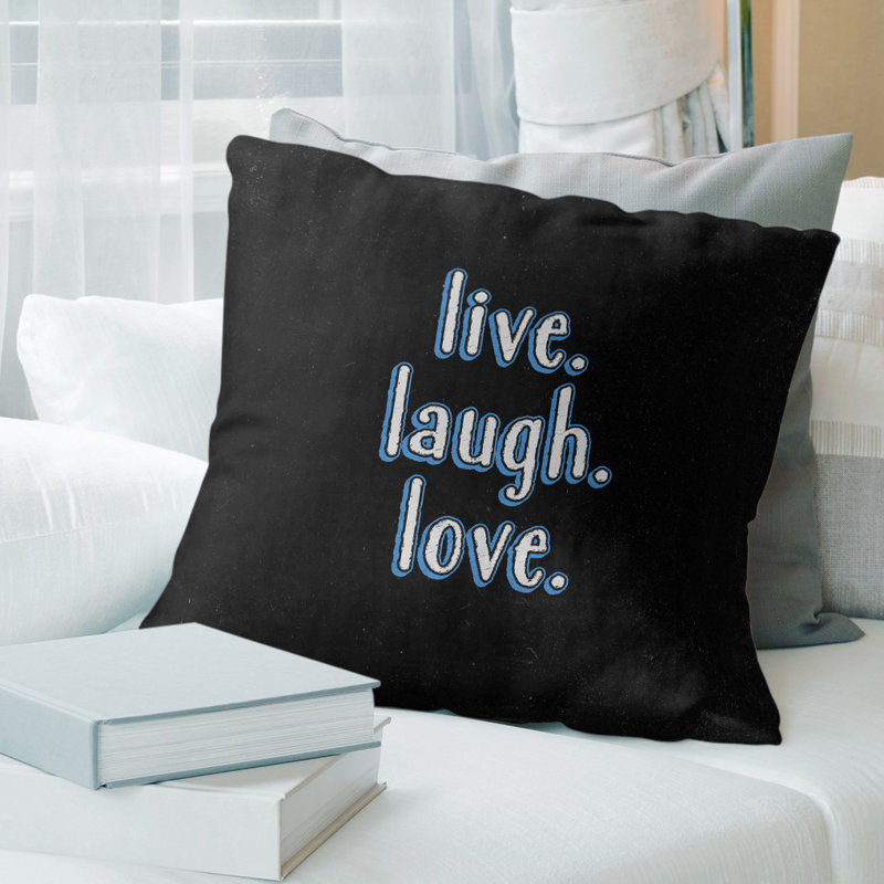 Coussin de style tableau noir Live Laugh Love, 20 po x 20 po, Bleu, Polyester / bourre de polyester