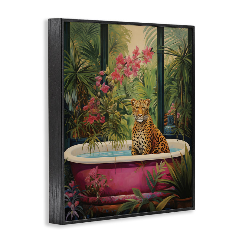 Léopard dans une baignoire tropicale luxuriante, estampe numérique, design par Heidi Kuntz, H 30 po x l 24 po
