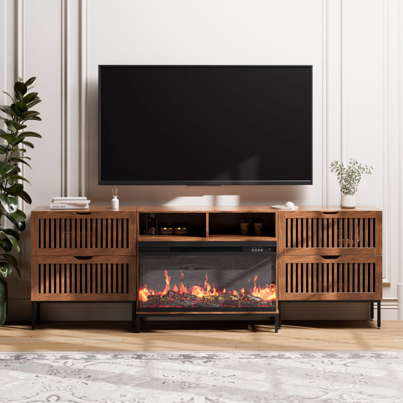 3-sided Glass Farmhouse Fireplace Tv Stand For Tvs Up To 100 Inch, Entertainment Center With 36" Electric Fireplace, 4 Drawers Storage
