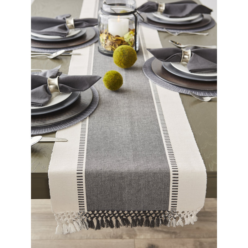 Mineral Gray Striped Cotton Table Runner with Tassels