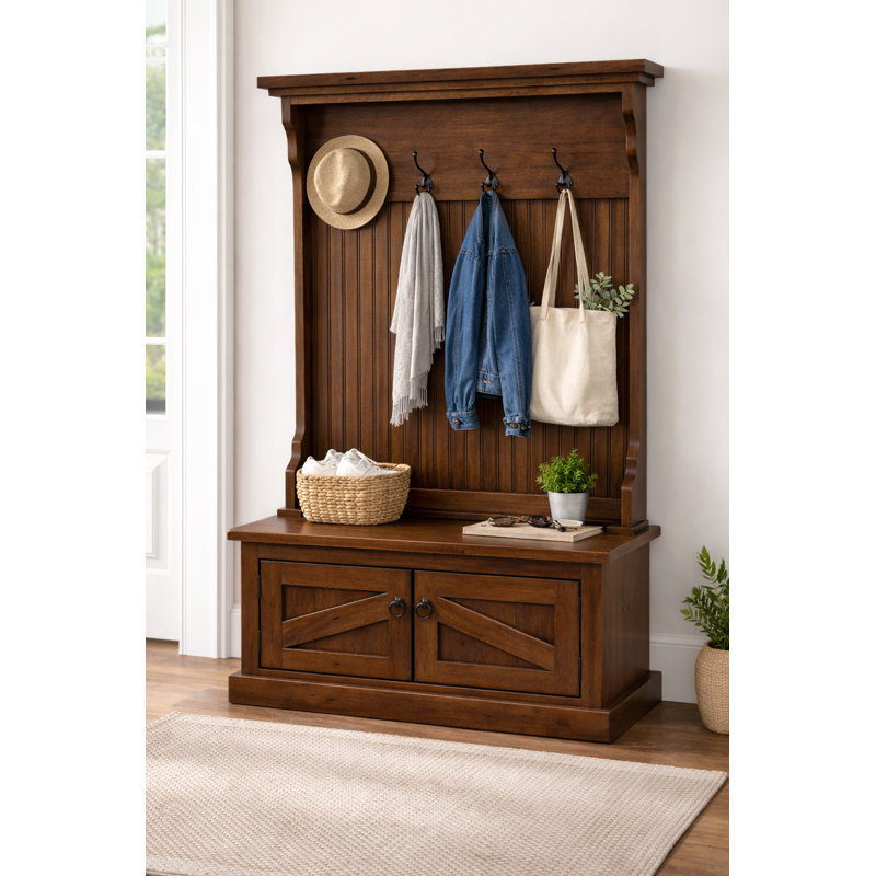 Kinley Hall Tree 37.5'' Wide with Bench and Shoe Storage, Chocolate Mousse