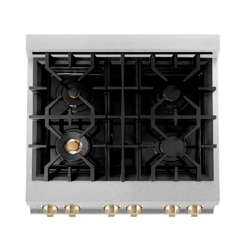 ZLINE Autograph 30" Legacy Dual Fuel Range in DuraSnow® Steel, Gold Satin Stainless Steel