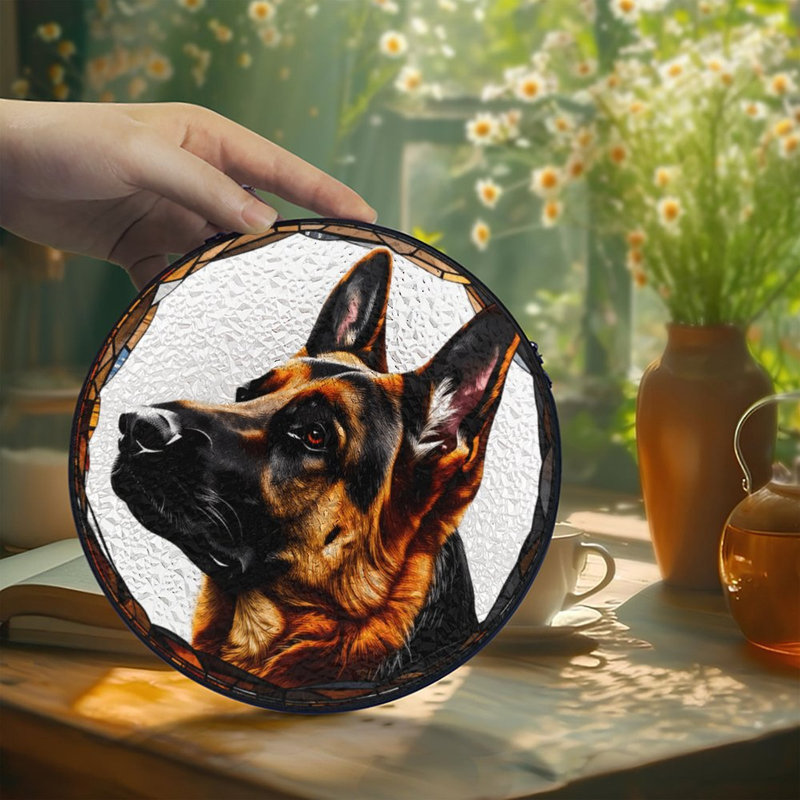 Chien de berger allemand en vitrail, panneaux en verre coloré pour décoration de fenêtre, 6,3 x 6,3 po (16 x 16 cm)