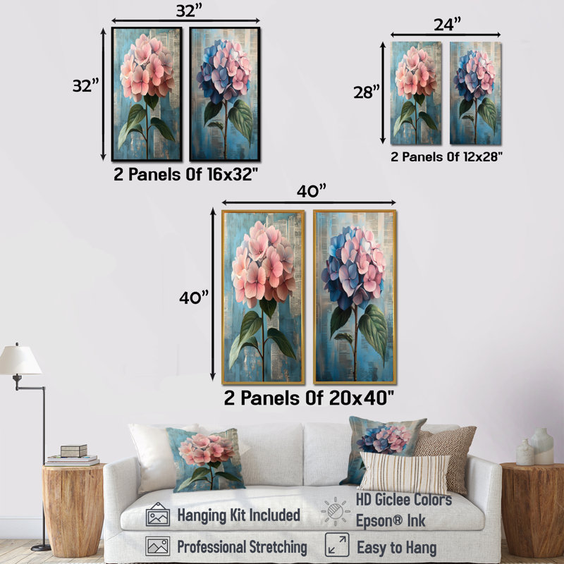 Ensemble de 2 pièces d'art mural hortensia rose Big Bloom, H 32 po x l 32 po, Cadre flottant blanc
