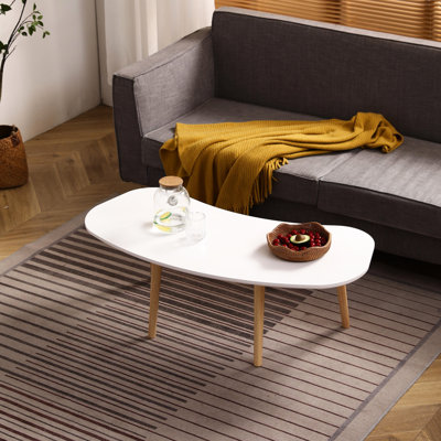 Nut-Shaped Coffee Table With Solid Wood Legs, 43X21 Inches, White+Oak, Easy To Up, Spacious Surface For Drinks, Snacks, Great Living Room & Leg In Nut Shape, 42.33X21.14 Versatile Interior Purposes,
