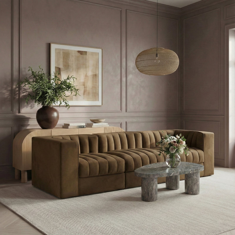 Tissu en velours Rummi Performance 3 pièces Canapé modulaire, 27 po H x 97 po L x 34 po P, 3, Selle de cuir