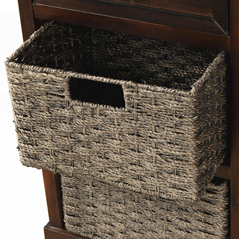 Armoire de rangement rustique avec deux tiroirs et quatre paniers en rotin classique, Espresso