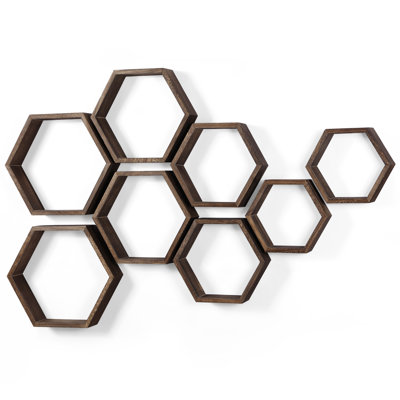 Ensemble de 8 tablettes murales hexagonales, tablettes flottantes nid d'abeille brunes, décoration murale rustique