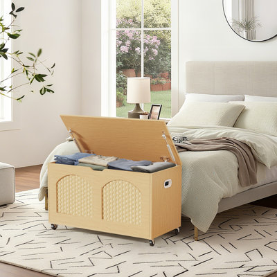 Coffre de rangement, banc de rangement en rotin avec couvercle et roulettes, coffre de rangement carré pour entrée, chambre à coucher, salon (bois)