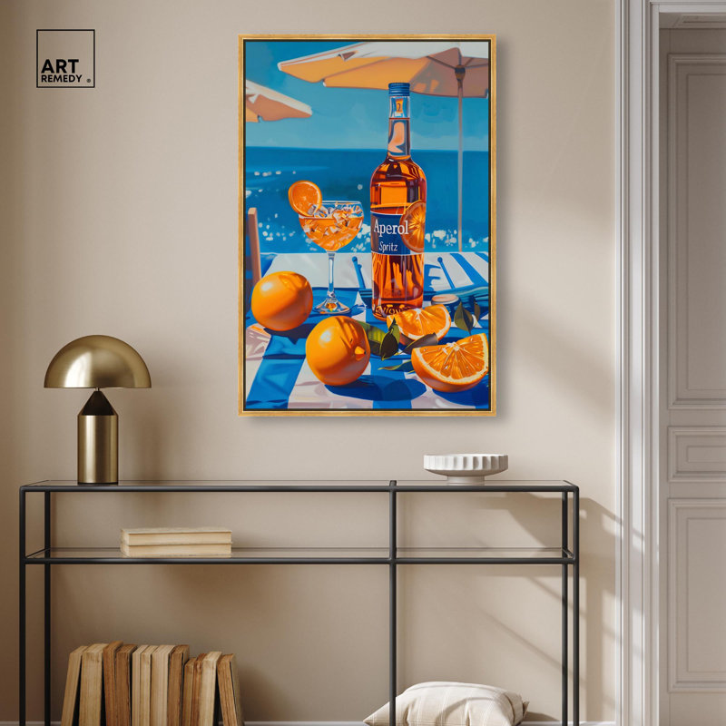 «Coastal Aperol» par Art Remedy, H 37 po x l 25 po, Cadre flottant, Doré